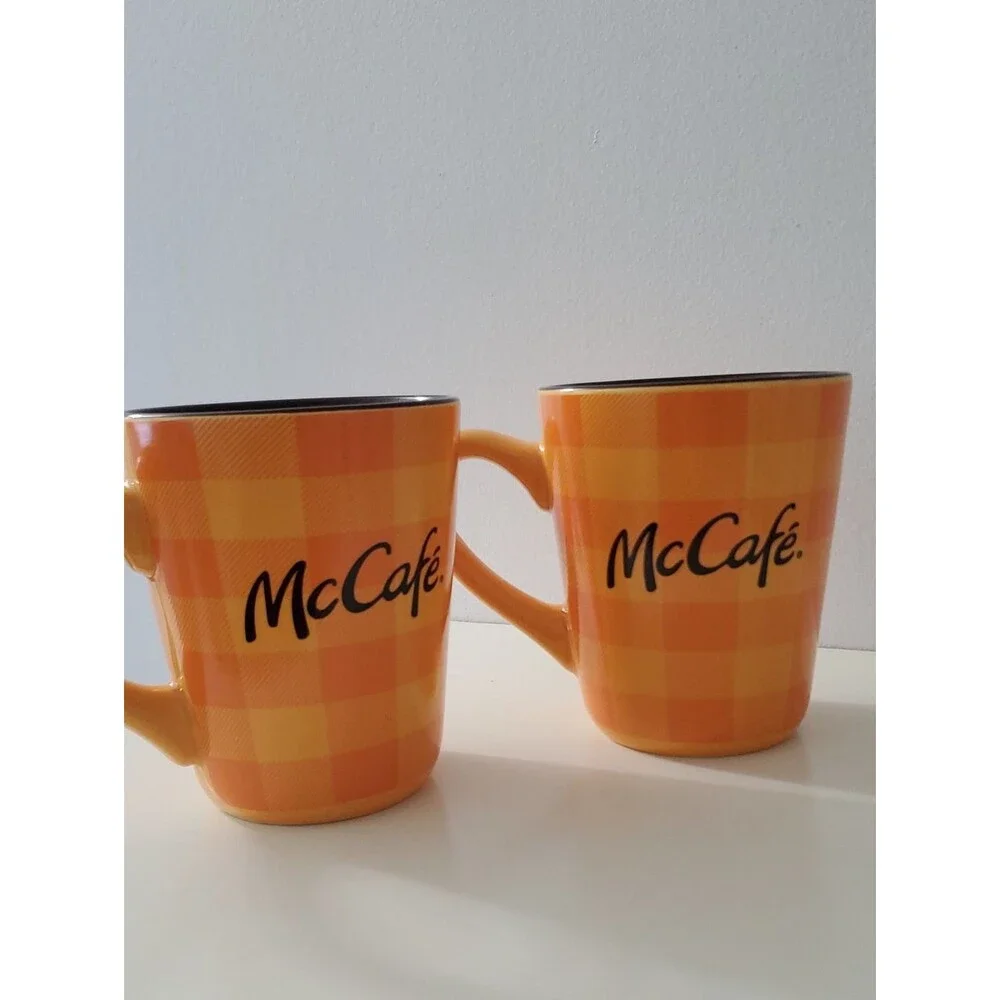 McCafe Orange Plaid Coffee Mugs 12 oz. Set Of 2